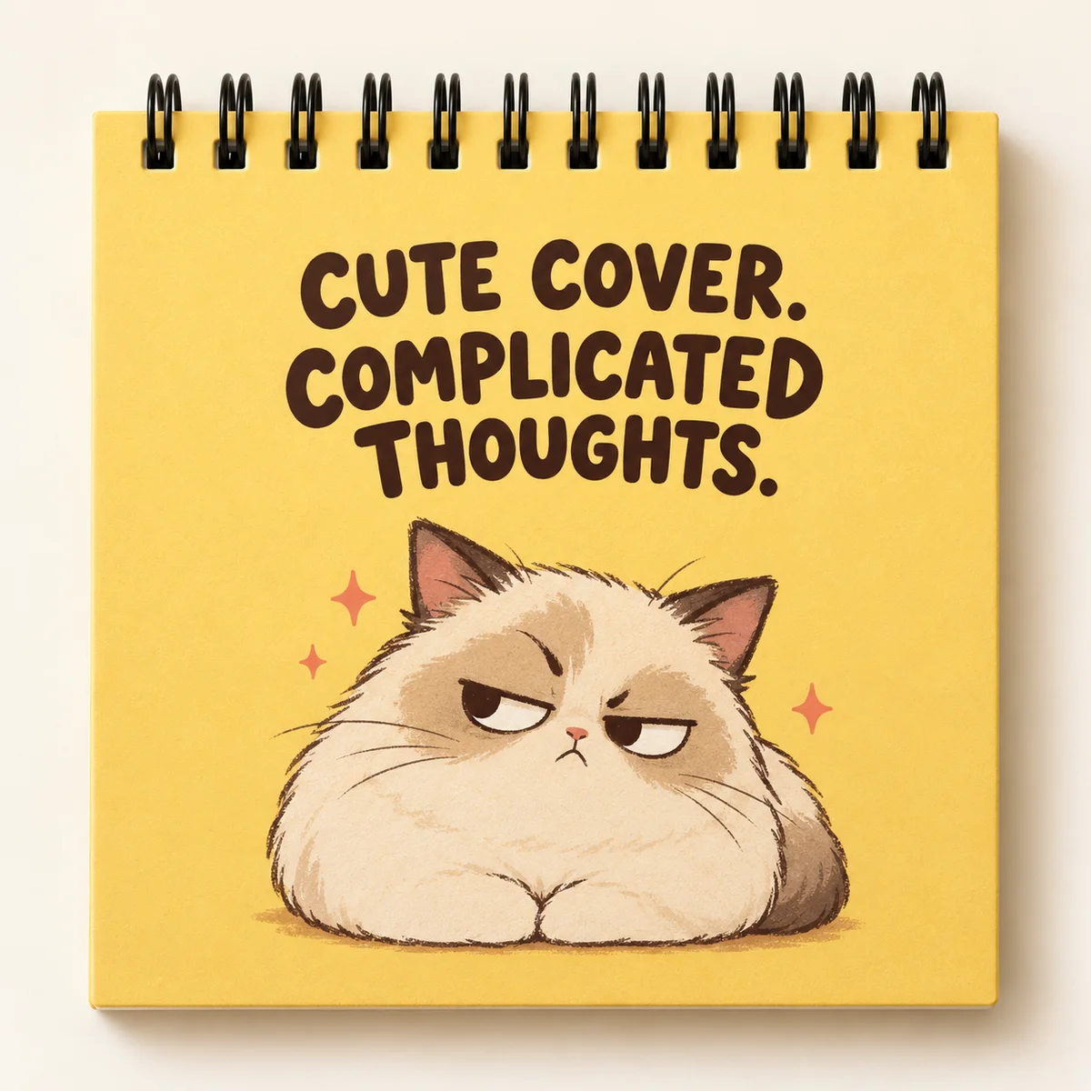 Concept mockup of Complicated Thoughts, a square diary with top spiral binding