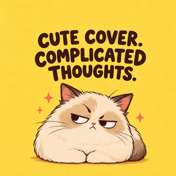 Complicated Thoughts cover artwork. A yellow cat cover that reads “Cute cover. Complicated thoughts.”