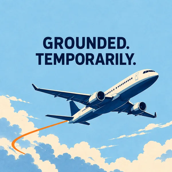 Grounded, Temporarily cover artwork. An aircraft against an icy blue background. “Grounded. Temporarily.”