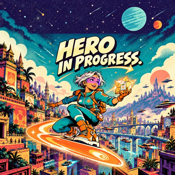 Hero in Progress cover artwork. A comic-style heroine, cosmic skies and an illustrated Indian city.