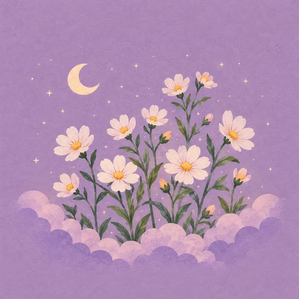 Lavender Bloom cover artwork. Purple flowers, a crescent moon and a lavender sky.