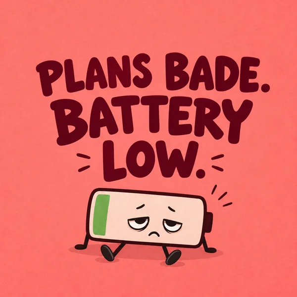 Low Battery cover artwork. Peach artwork and a tired battery. “Plans bade. Battery low.”