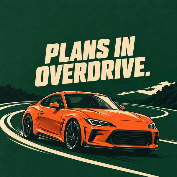 Plans in Overdrive cover artwork. An orange sports car on a green cover, with racing-inspired lettering.