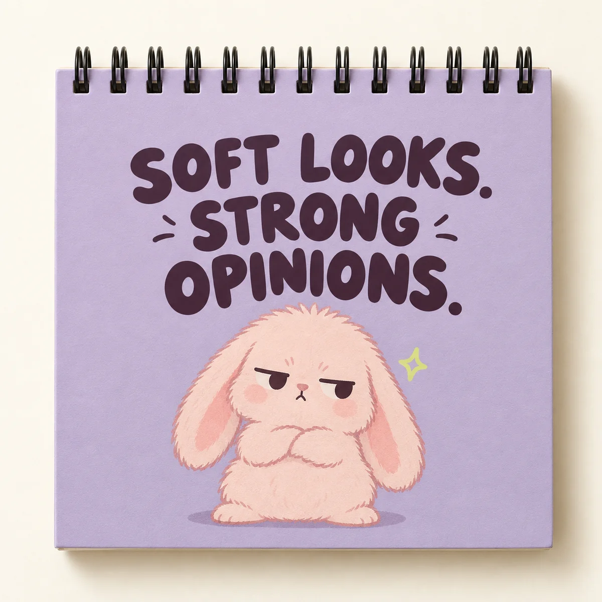 Concept mockup of Soft Looks, Strong Opinions, a square diary with top spiral binding
