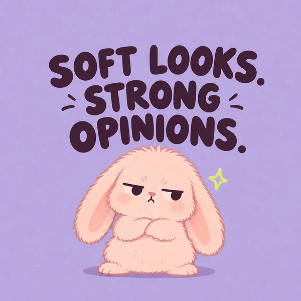Soft Looks, Strong Opinions cover artwork. A lavender bunny cover with the words “Soft looks. Strong opinions.”