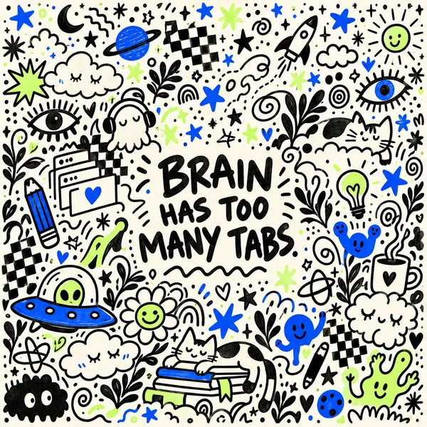 Too Many Tabs cover artwork. Doodle artwork for a brain with too many tabs open.